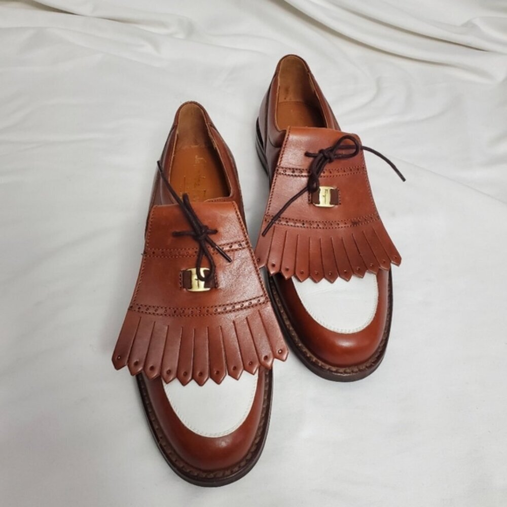 Salvatore Ferragamo SPORT Vintage Leather Kiltie Golf Shoes - Tan & White - Picture 7 of 12